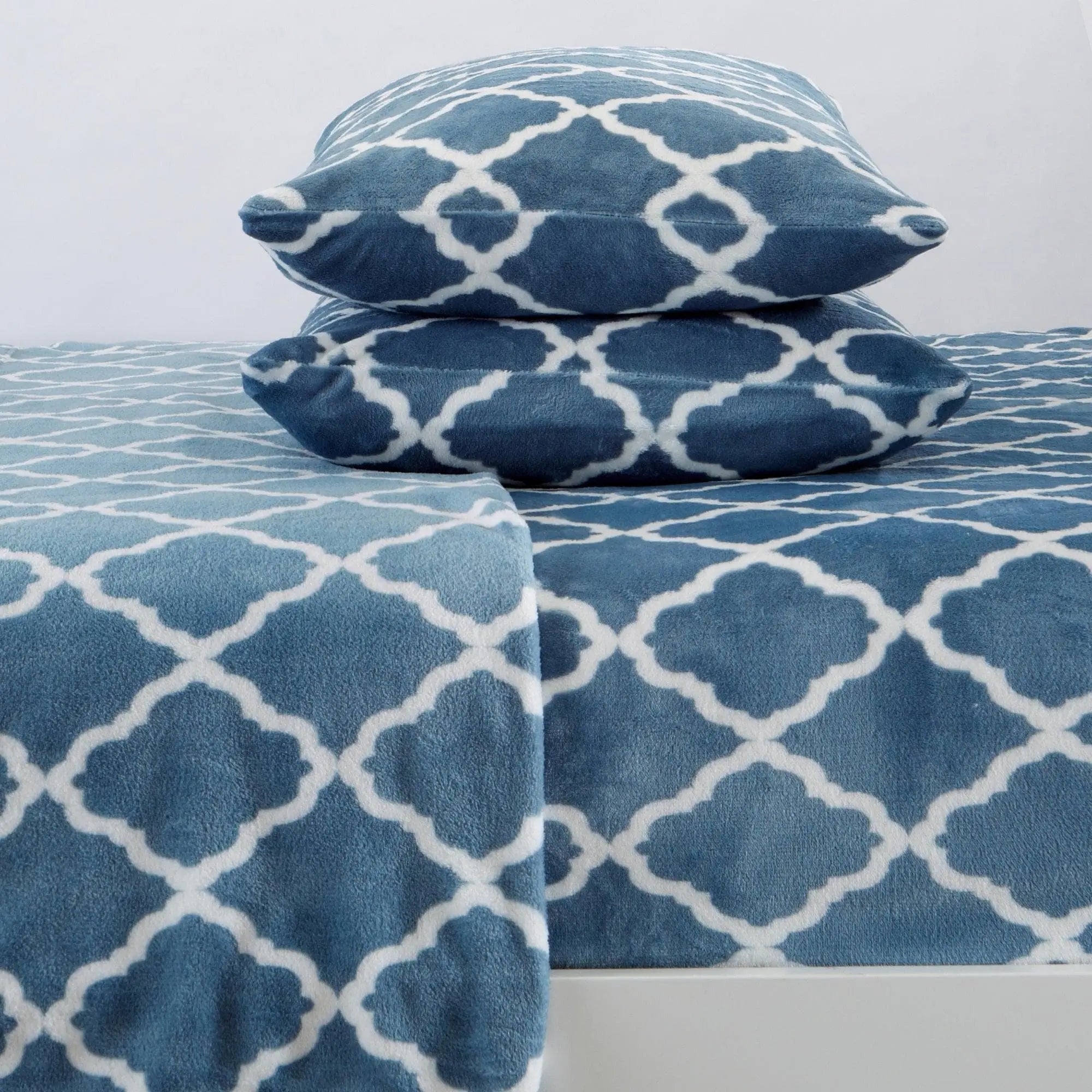 Velvet Luxe Bed Sheets - Lattice Collection in blue with white lattice pattern; two pillows shown by Great Bay Home