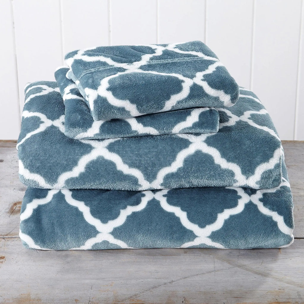 Velvet Luxe Bed Sheets - Lattice Collection, set of four in blue with white lattice pattern