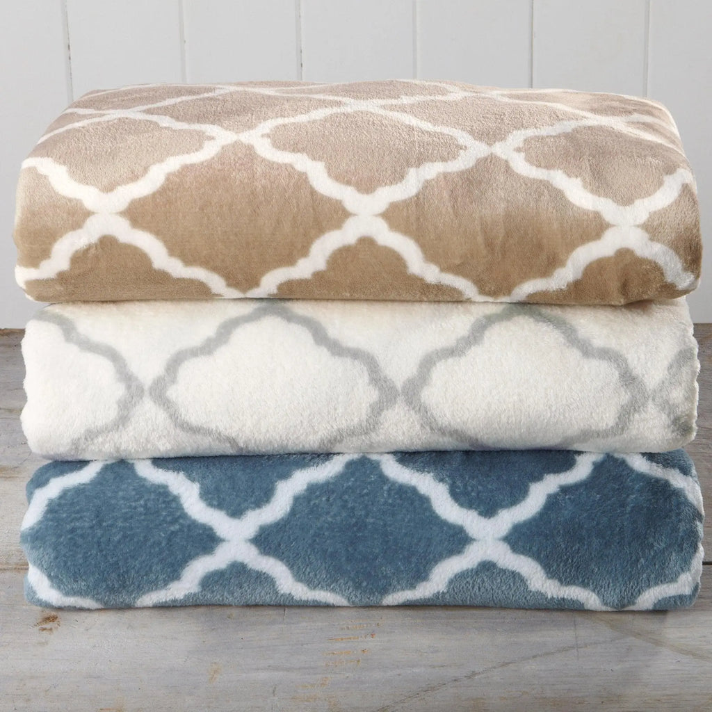 Velvet Luxe Bed Sheets by Great Bay Home, lattice pattern in tan, ivory, and blue (three colorways)