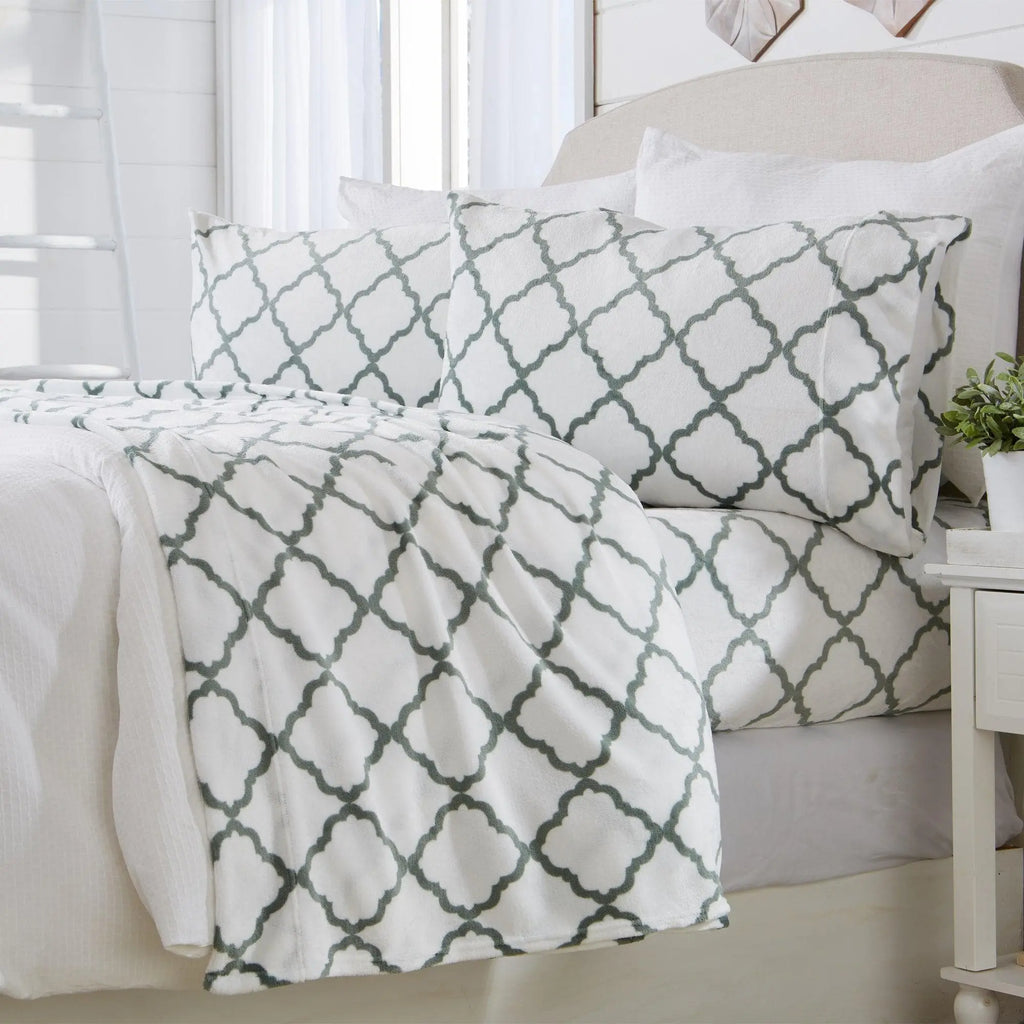 Velvet Luxe Bed Sheets - Lattice Collection, white with teal lattice pattern by Great Bay Home