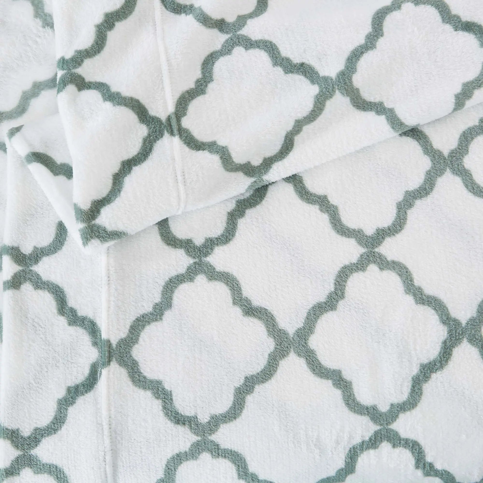 Velvet Luxe Bed Sheets by Great Bay Home with teal lattice pattern on white, soft velvety texture.