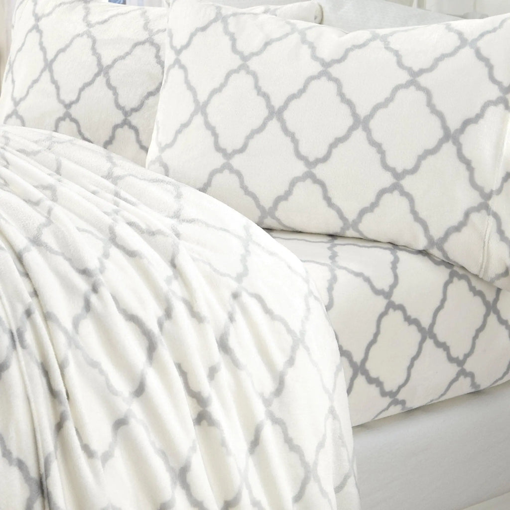 Velvet Luxe Bed Sheets set by Great Bay Home in white with gray lattice pattern