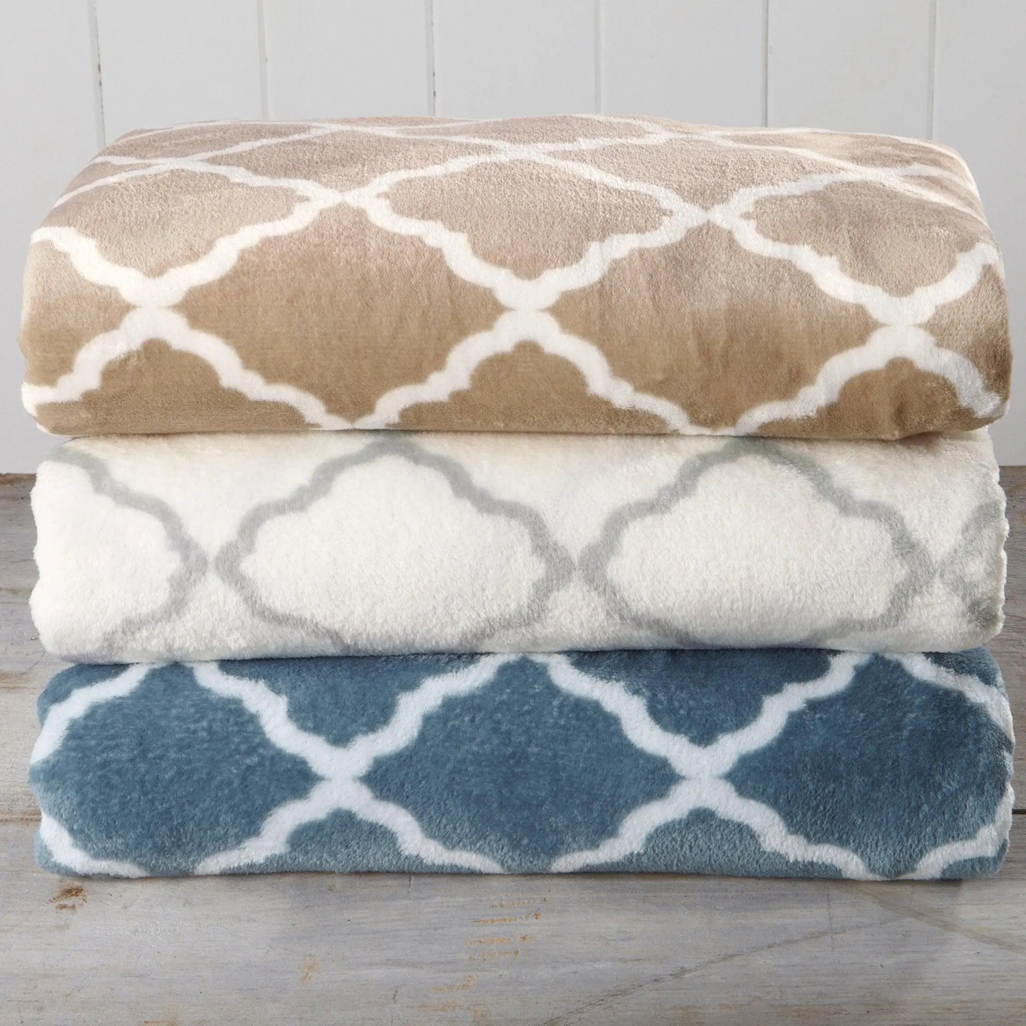 Velvet Luxe Bed Sheets - Lattice Collection by Great Bay Home; three folded sets in taupe, ivory, and blue.
