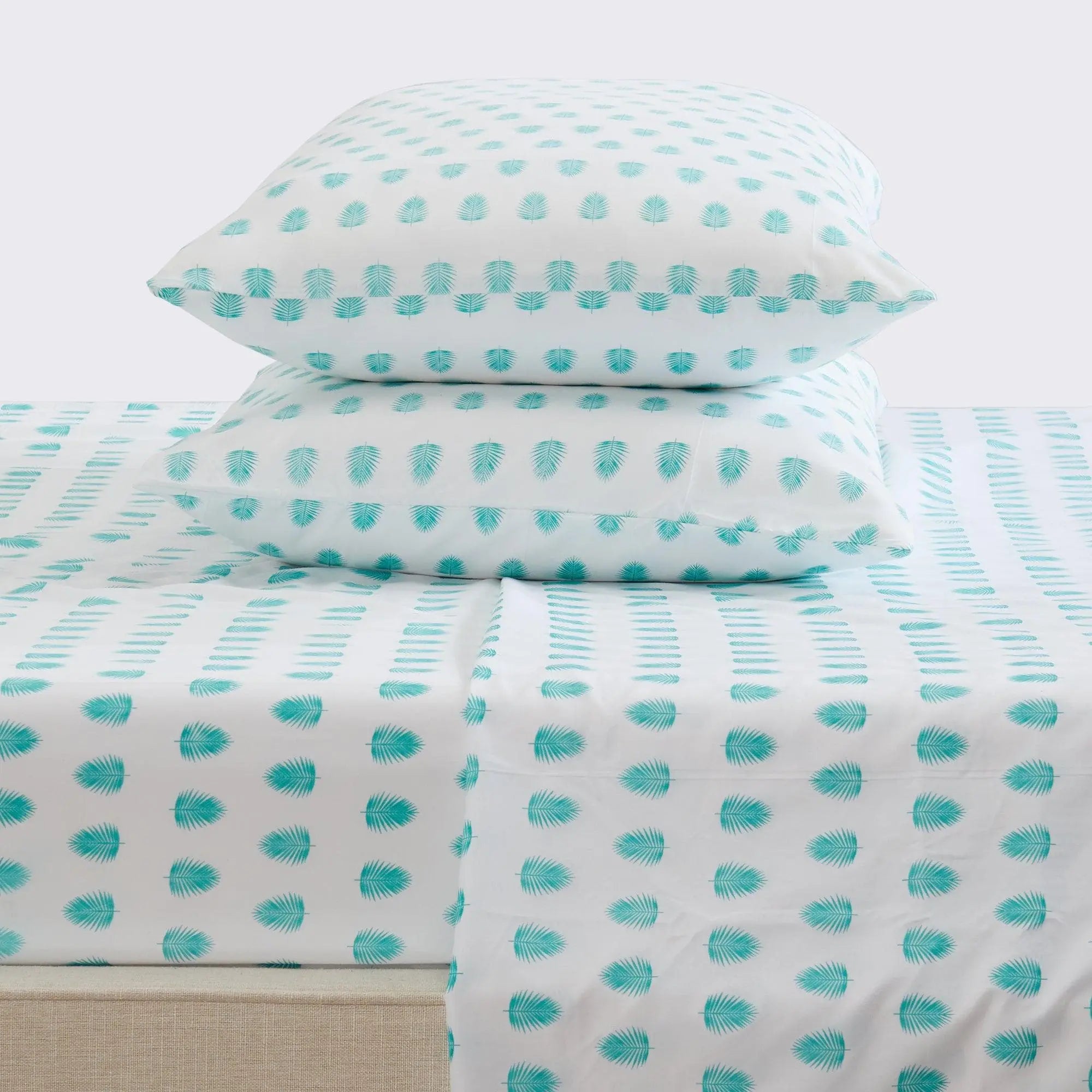 Coastal sheet set, Nantucket Collection, white with teal leaf pattern; includes 2 pillowcases.