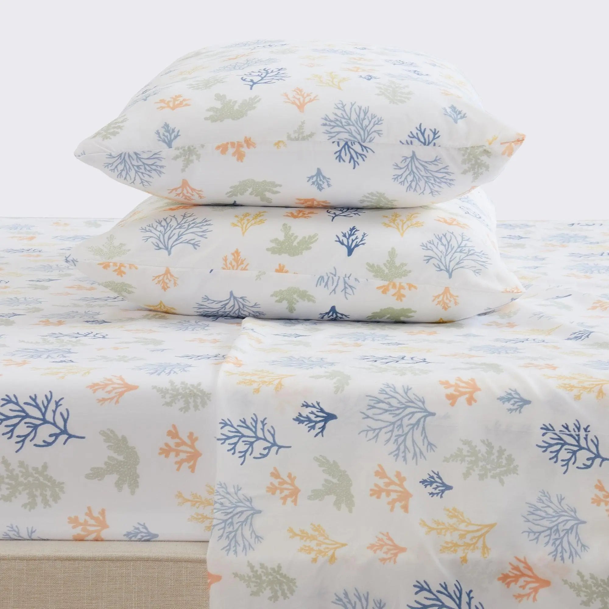 Coastal Sheet Set - Nantucket Collection by Great Bay Home; white sheets with blue, orange, and green coral prints (2 pillowcases)