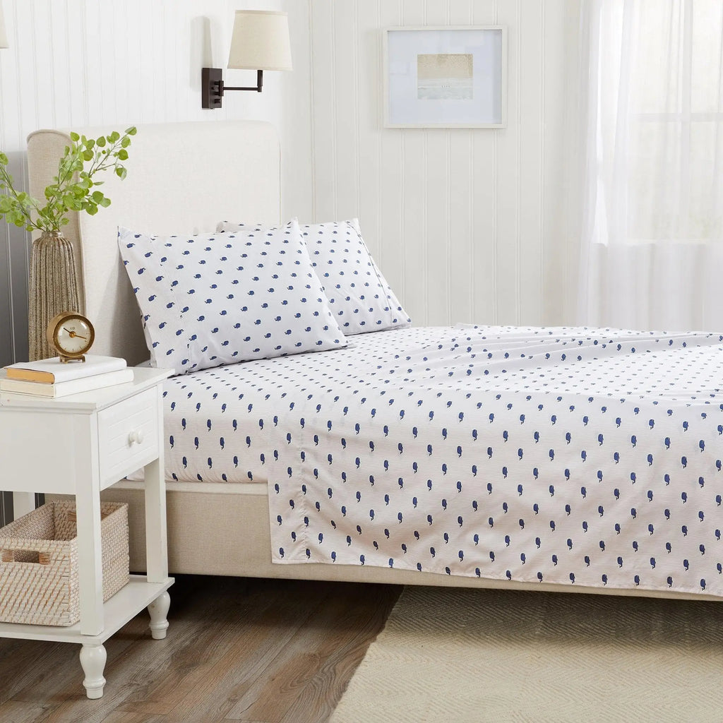 Coastal Sheet Set - Nantucket Collection by Great Bay Home; white sheets with navy dot pattern, two pillowcases