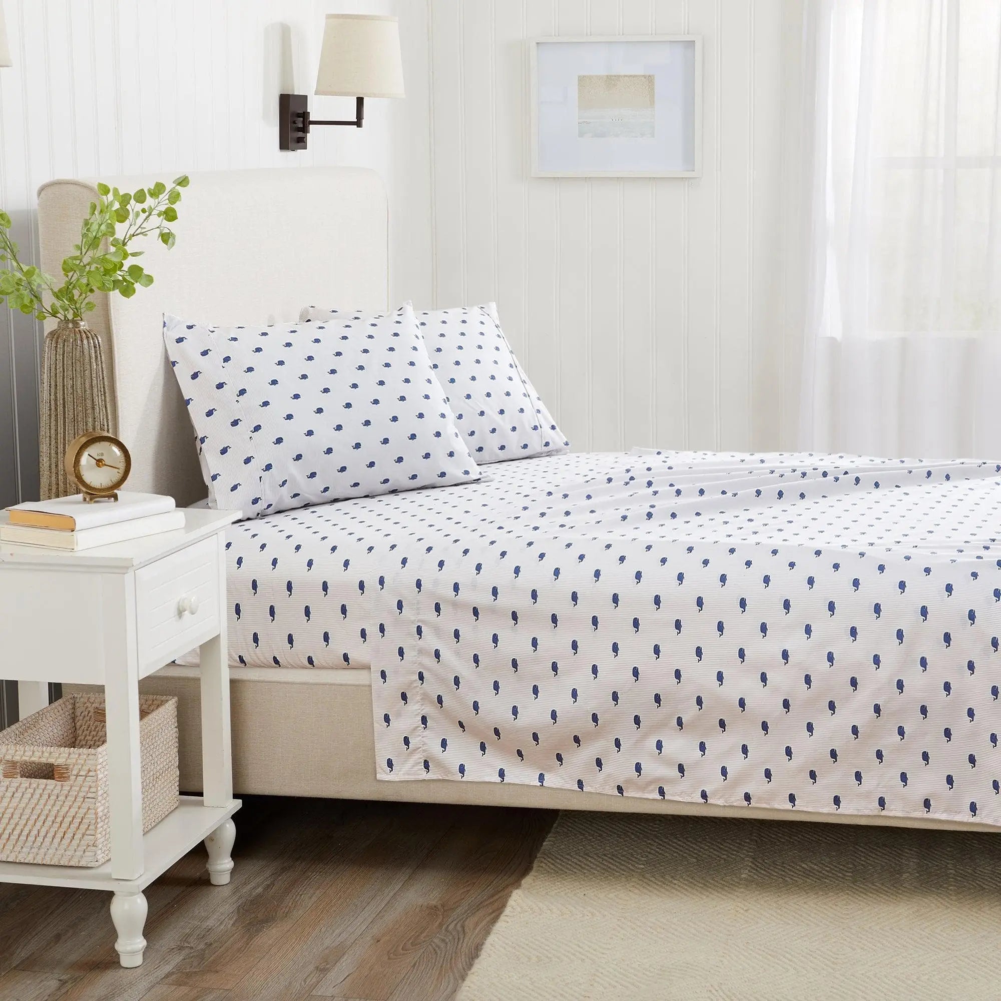 Coastal Sheet Set - Nantucket Collection by Great Bay Home; white sheets with navy dot pattern, two pillowcases