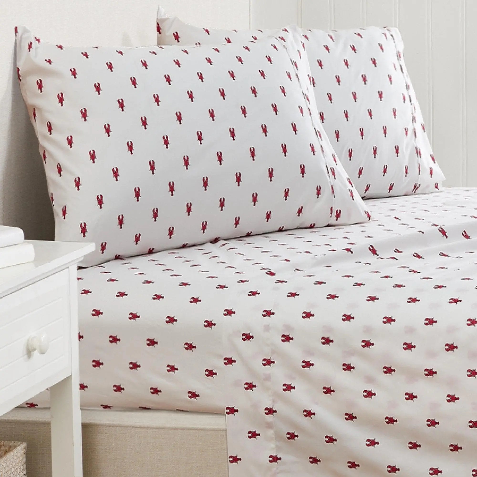 Coastal sheet set, Nantucket Collection by Great Bay Home, white with red lobster print.