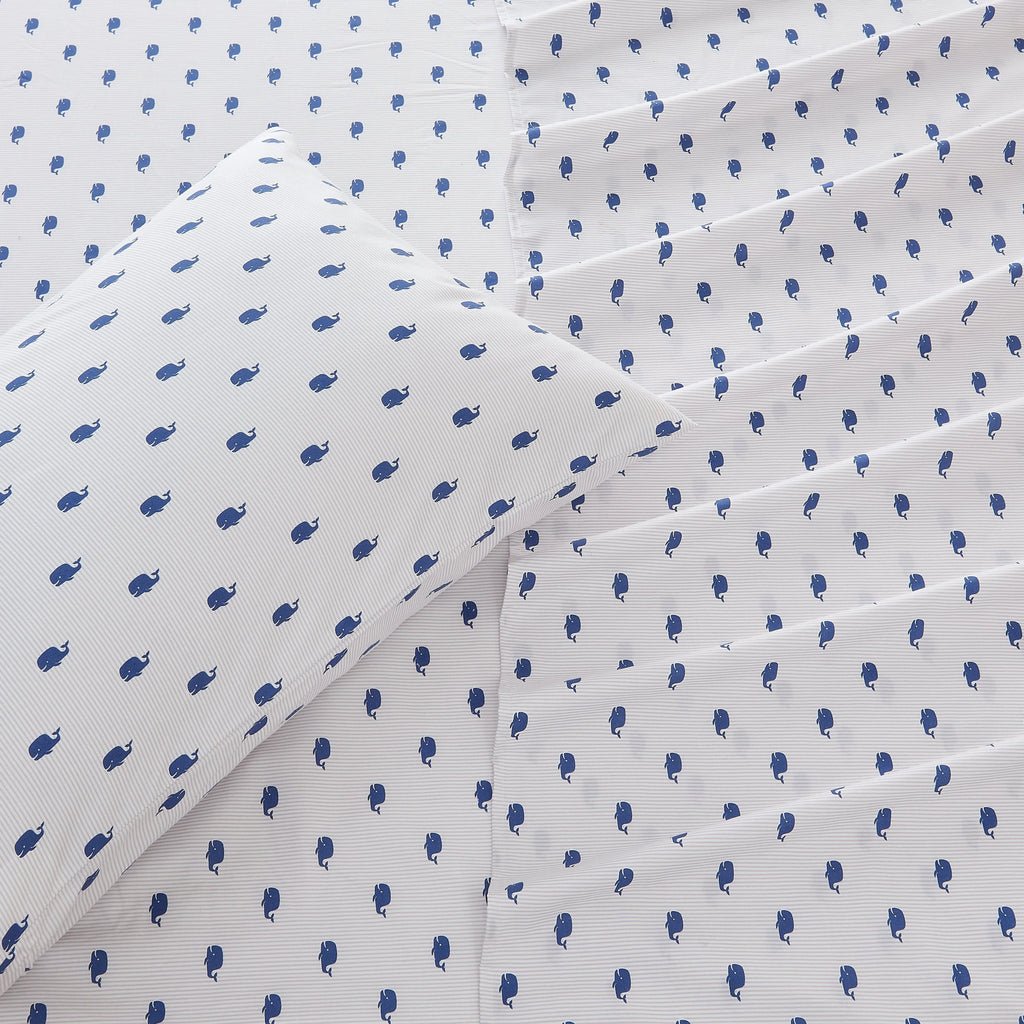 Coastal Sheet Set - Nantucket Collection in white with blue whale print