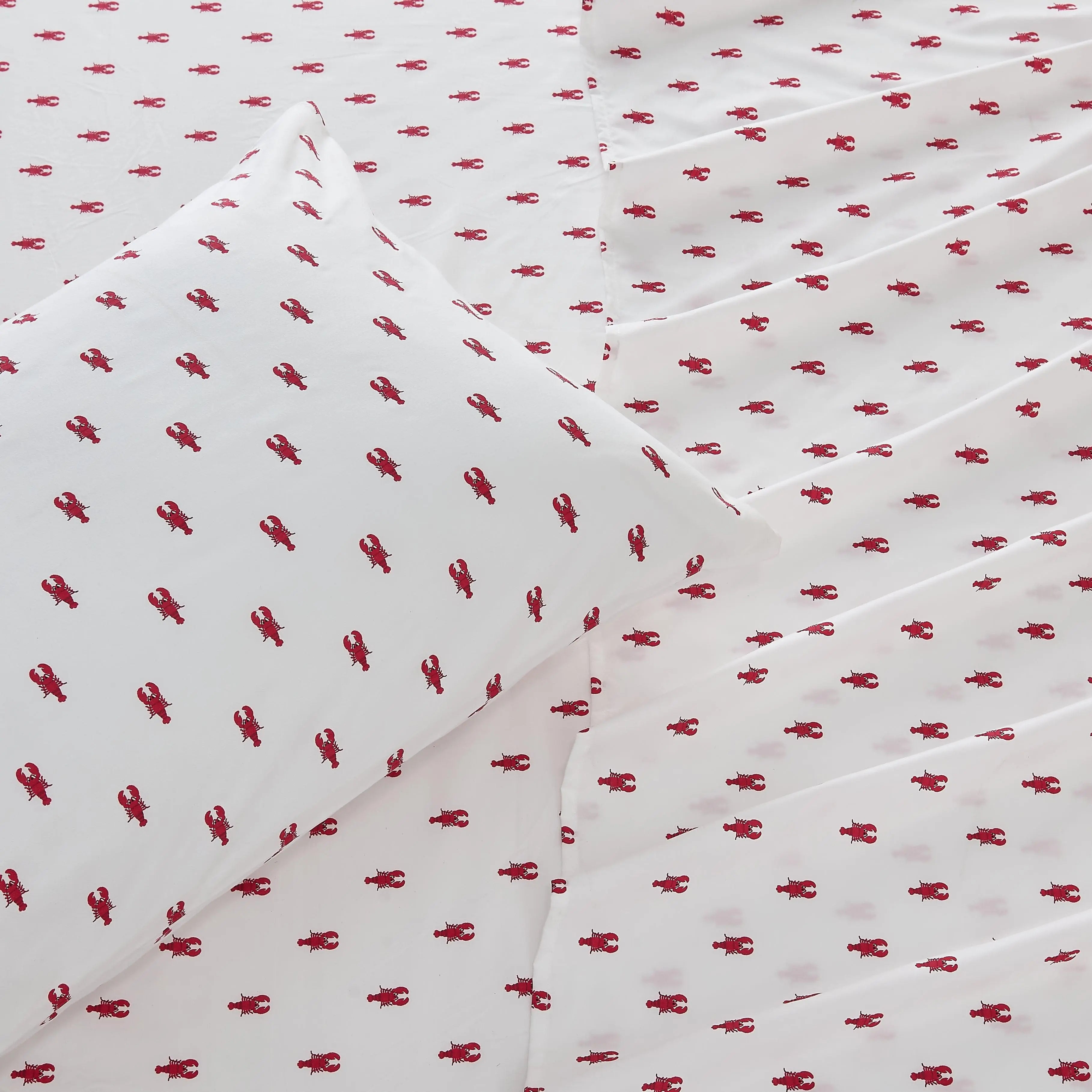 Coastal Sheet Set - Nantucket Collection by Great Bay Home; white sheets with red lobster print.