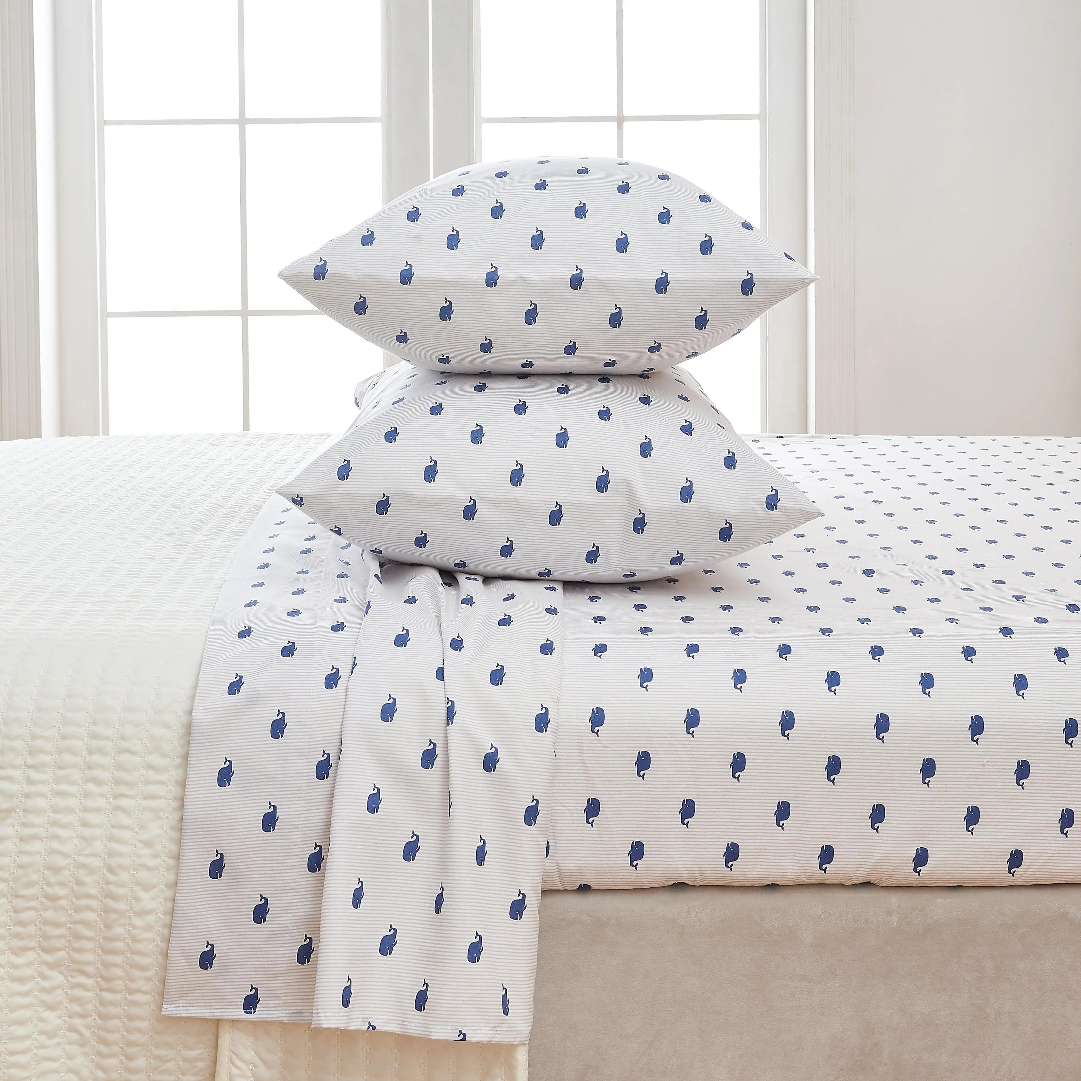 Coastal sheet set from Great Bay Home, Nantucket Collection, white with small blue nautical motifs, bed sheets.