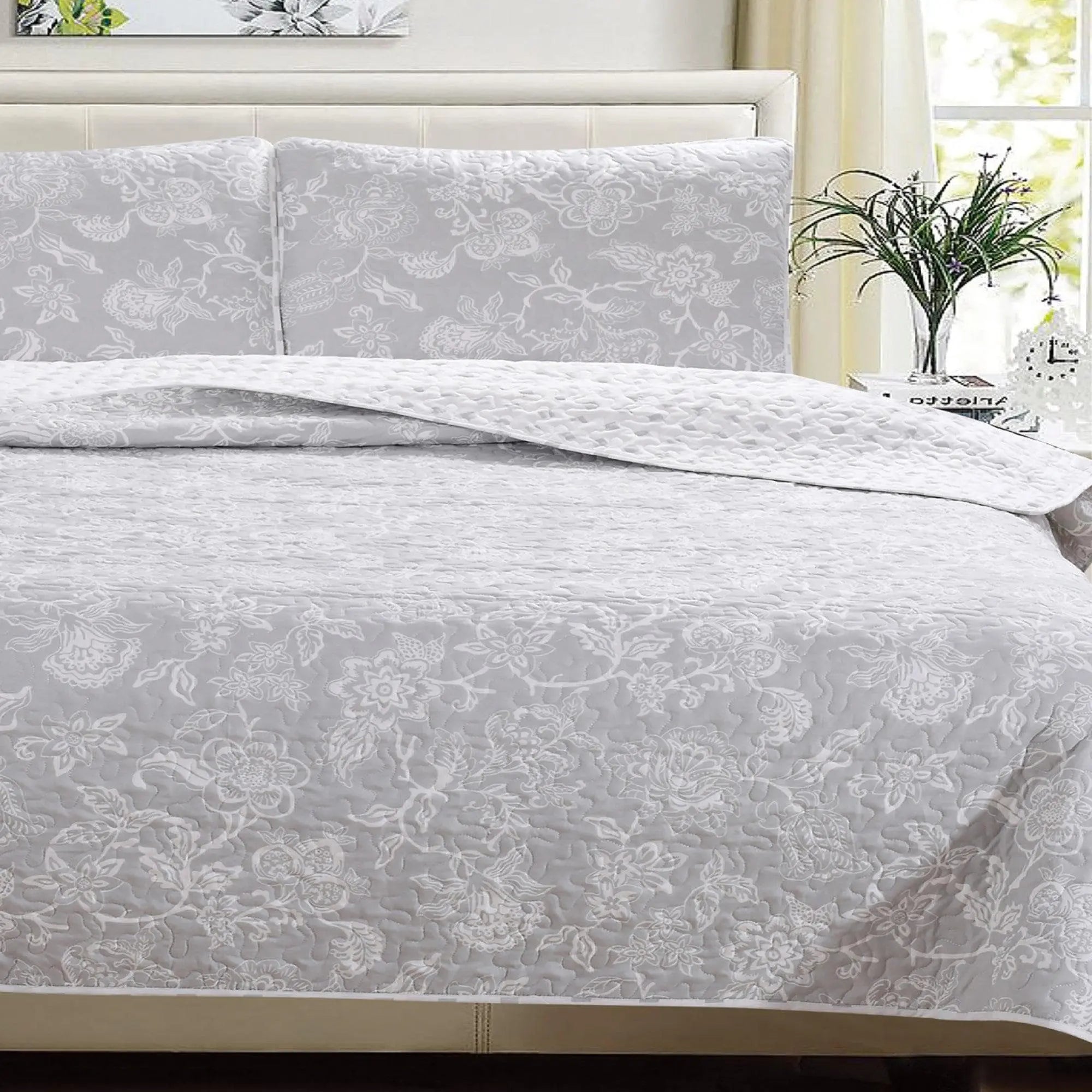 Floral Quilt Emma Collection by Great Bay Home in light gray with white floral motif