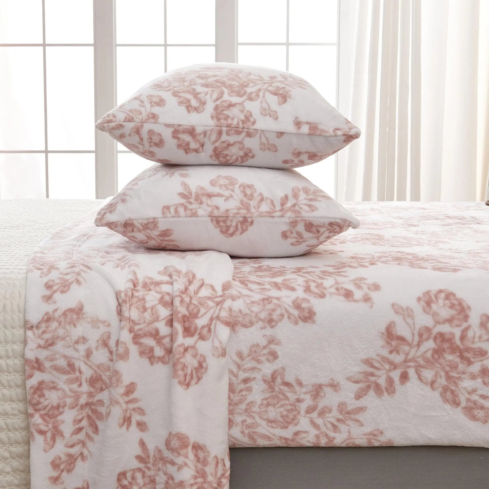 Velvet Luxe Bed Sheets - Lattice Collection, Great Bay Home; white with pink floral lattice print, two pillows.