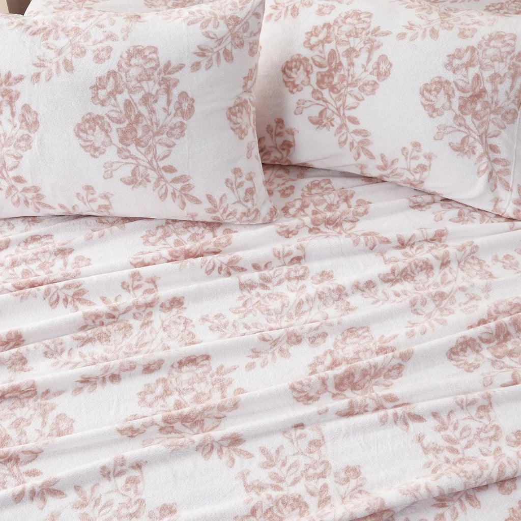 Velvet Luxe bed sheets by Great Bay Home, lattice floral pink pattern on white for winter warmth