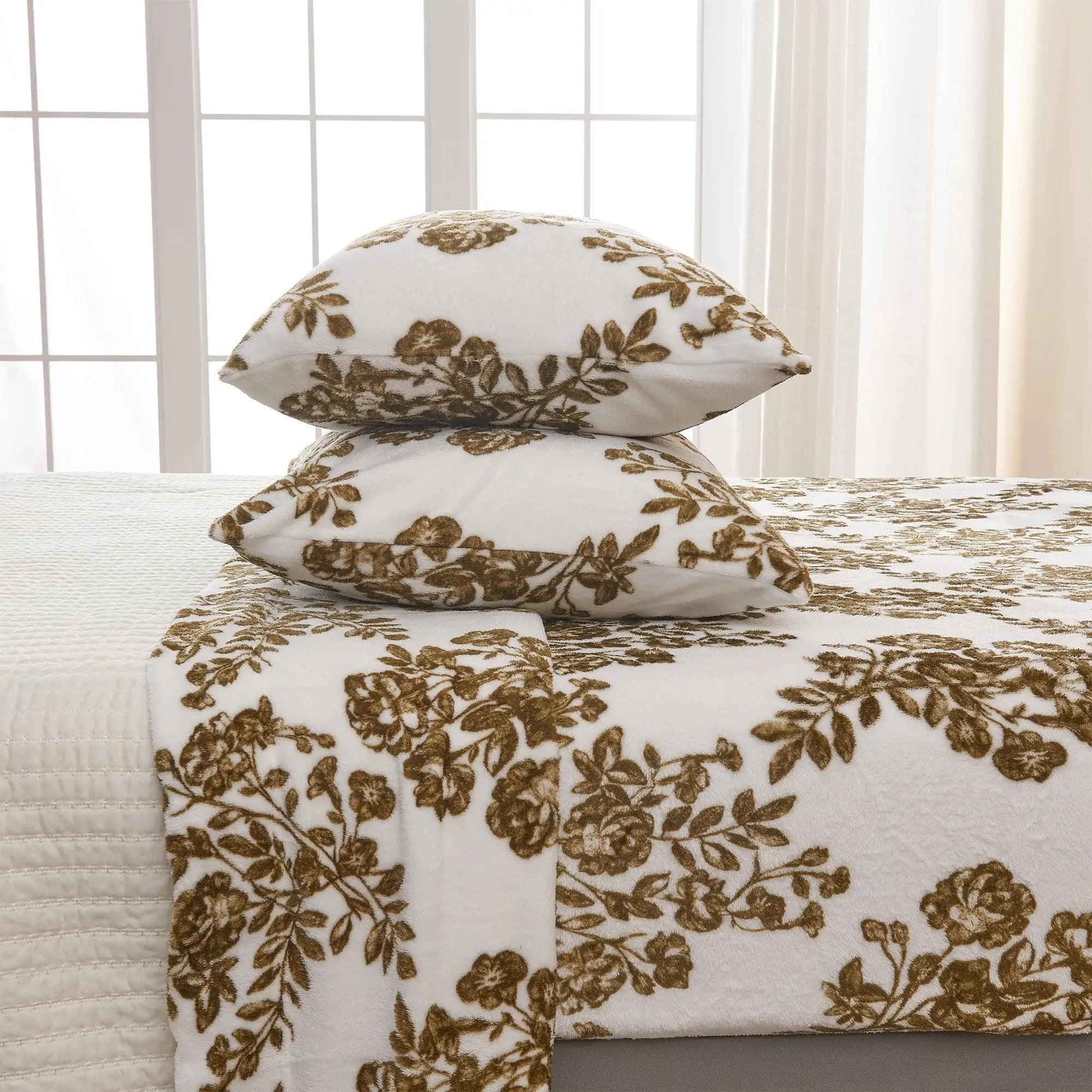 Velvet Luxe Bed Sheets from Lattice Collection by Great Bay Home, white with brown floral lattice, two matching pillows