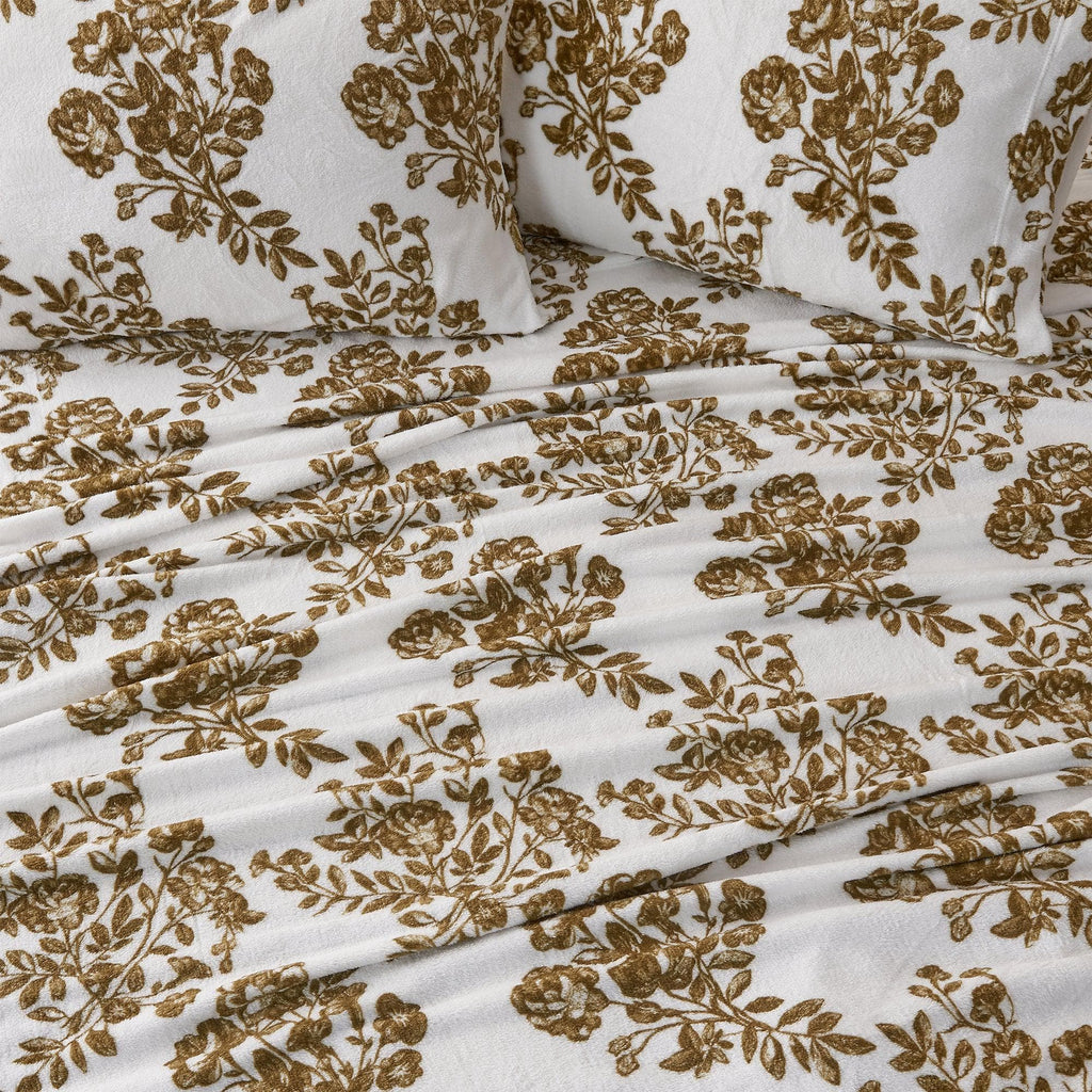 Sheets: Velvet Luxe Bed Sheets by Great Bay Home, brown lattice floral on white