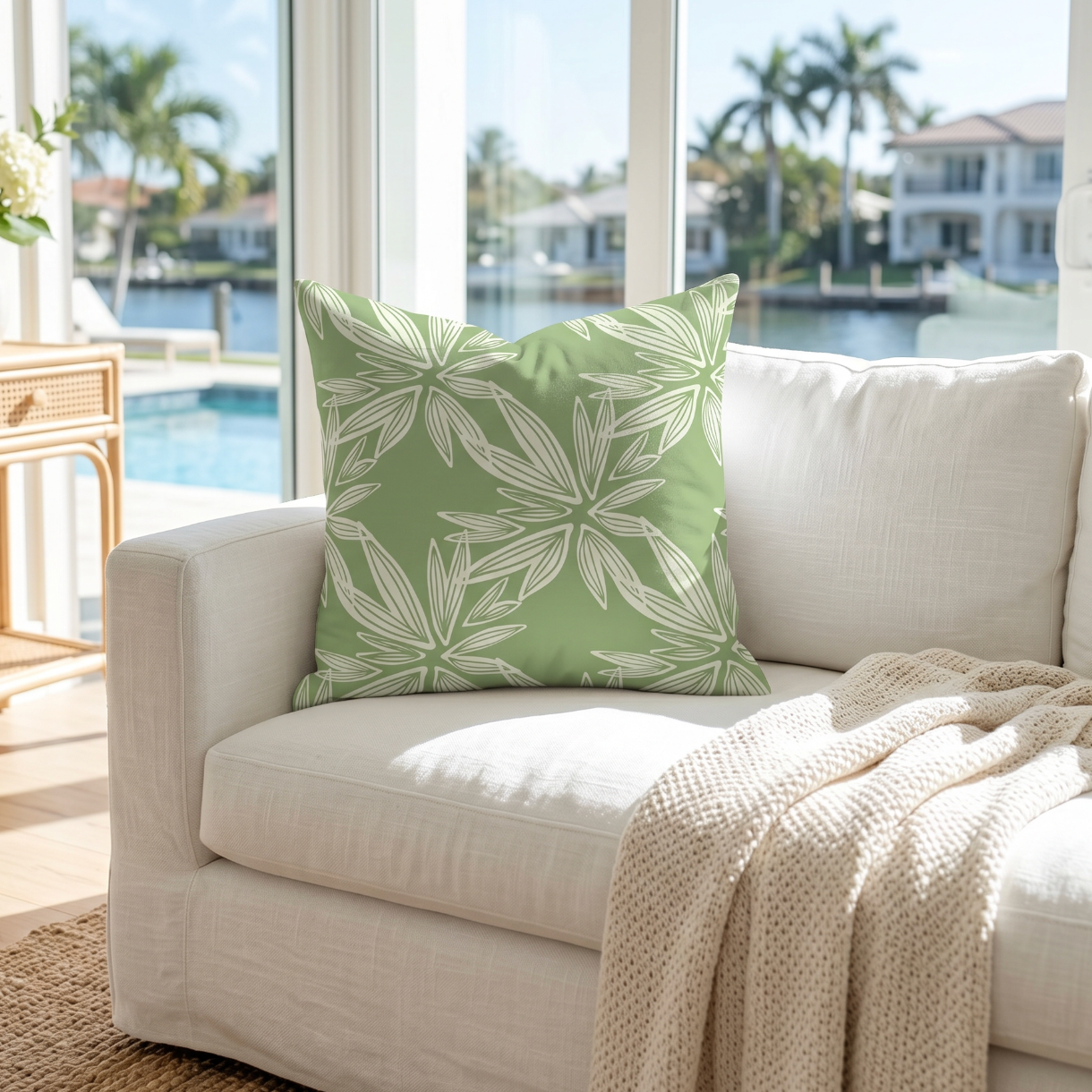Green and white botanical floral throw pillow for coastal, cottage, or farmhouse decor