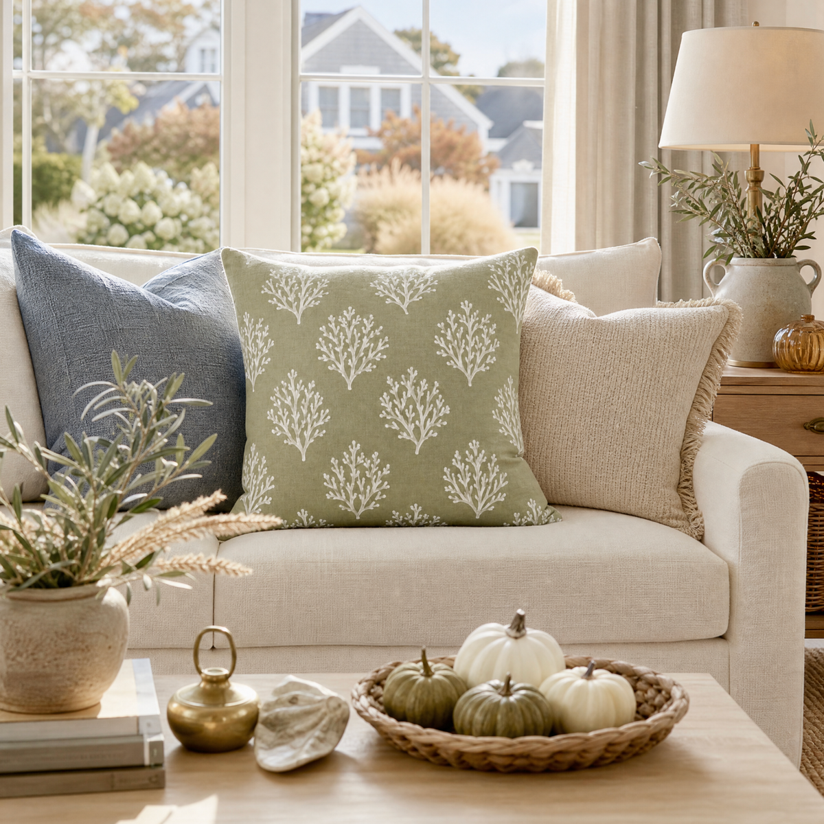 Green decorative pillow featuring a white coral reef pattern for coastal home decor