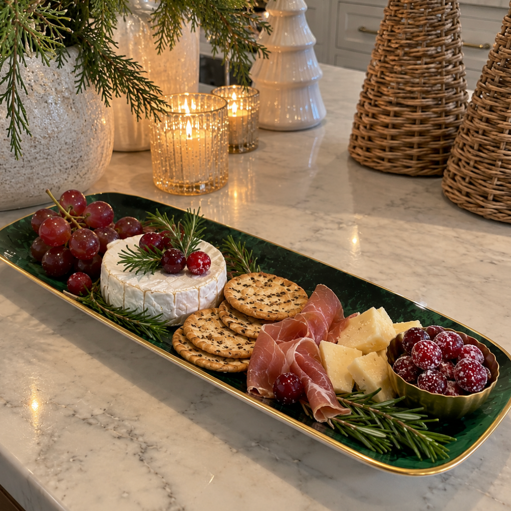 Emerald green and gold porcelain serving platter styled with festive appetizers for elegant Christmas entertaining.