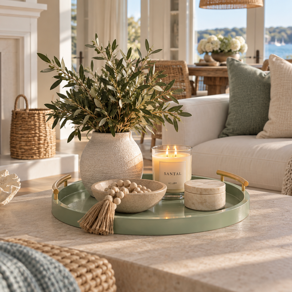 Green and gold serving tray for coastal entertaining decor