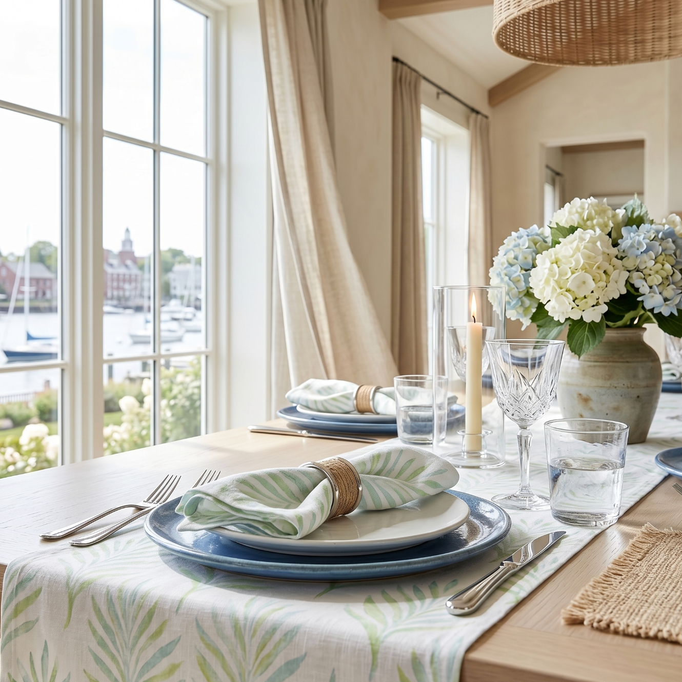 White and green leaf dinner napkins bundled in textured rings for a polished seaside look.