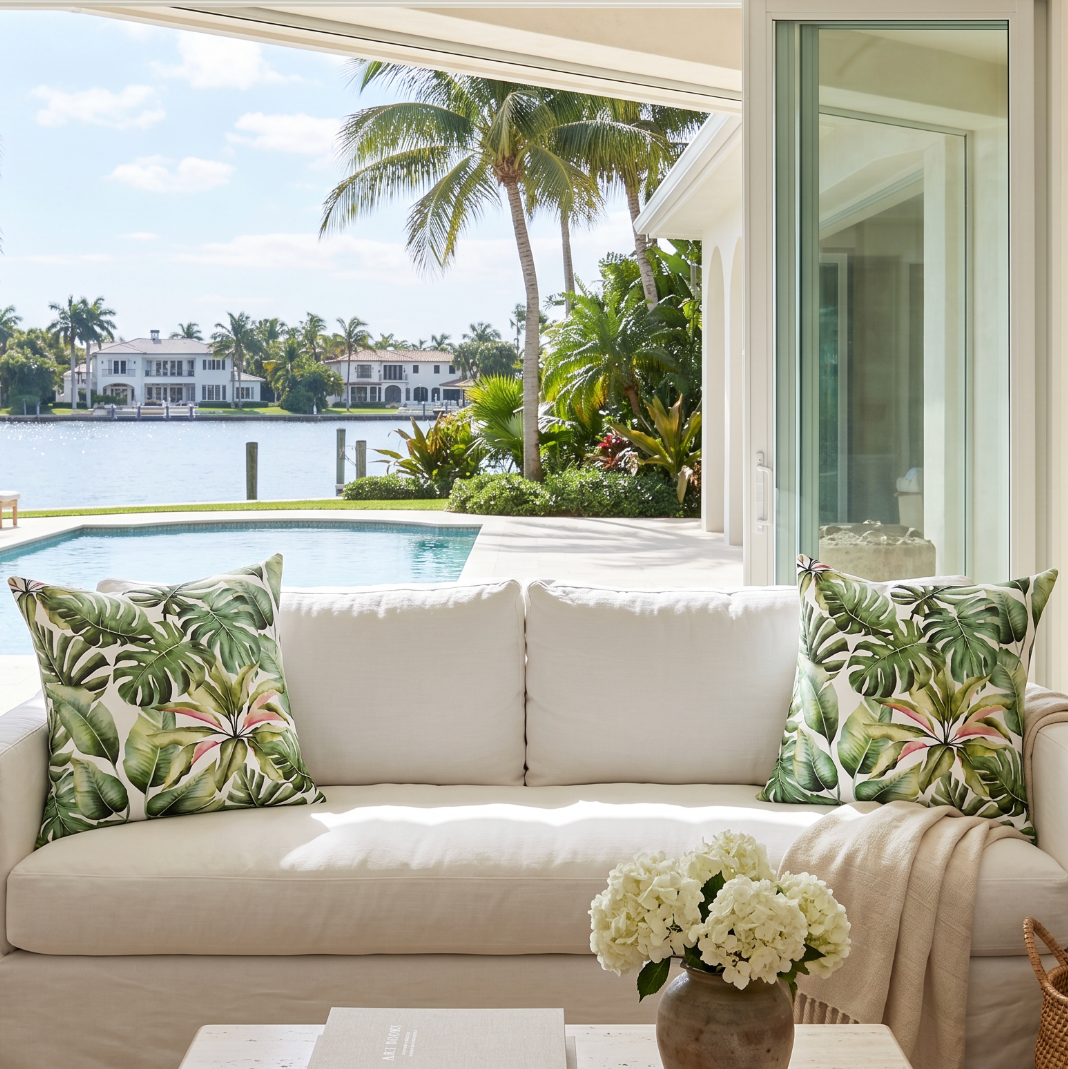 Square green palm frond pillow used as an accent on a cream sectional in a coastal living room.