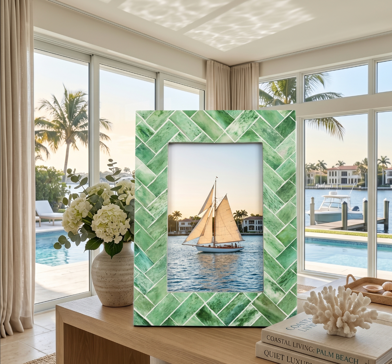 Green jungle leaf photo frame used to display vacation pictures in a beach house living room.