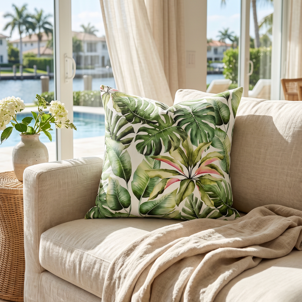 Green palm leaf throw pillow for tropical, coastal, or beach house decor.