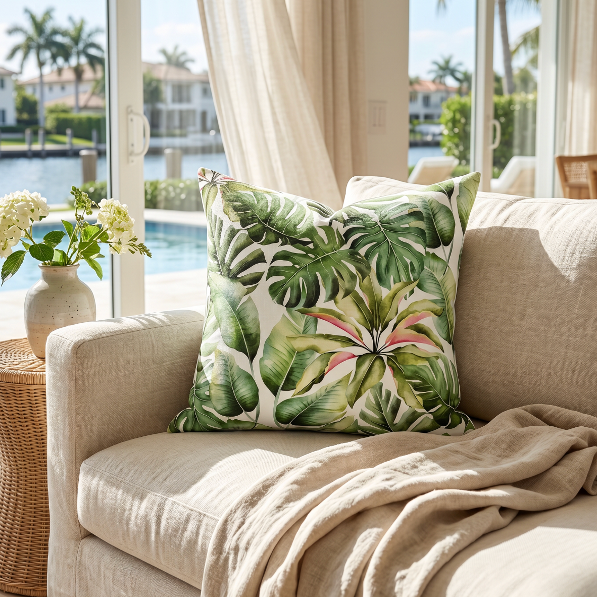 Green palm leaf throw pillow for tropical, coastal, or beach house decor.