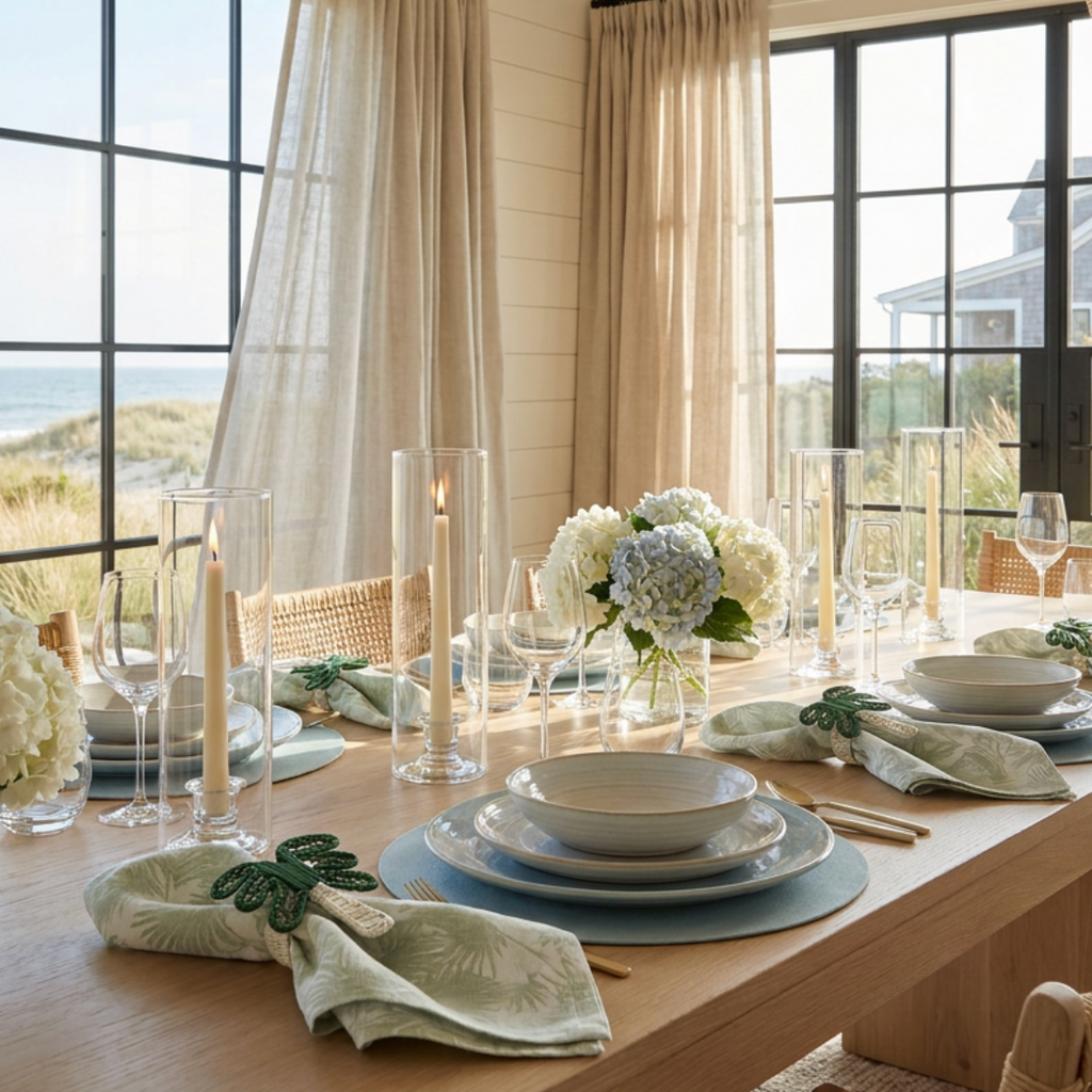 Set of 4 green palm print napkins styled with palm tree napkin rings on a coastal dining table.