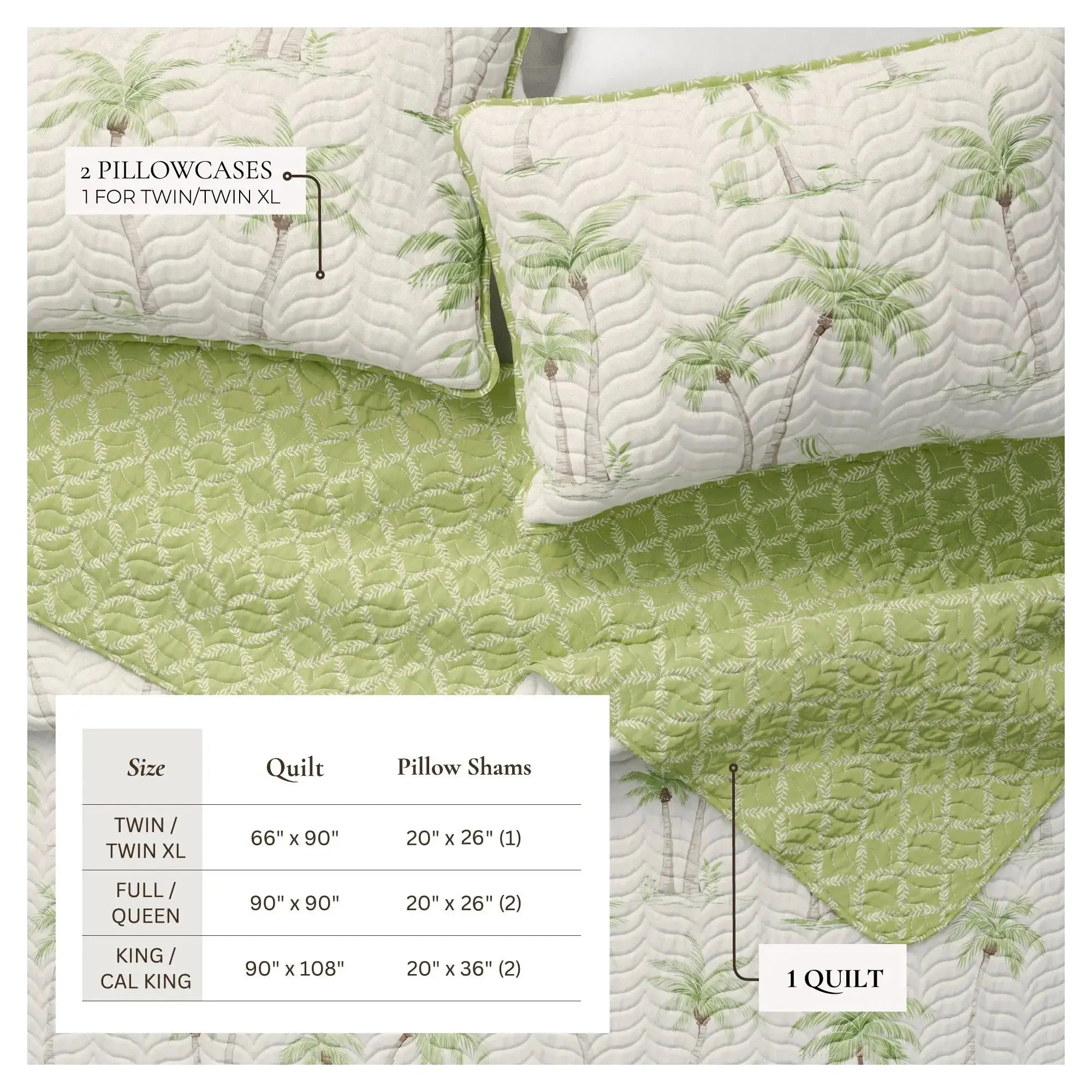 Palm Trees coastal quilt set layered with white pillows in a relaxed beach house bedroom