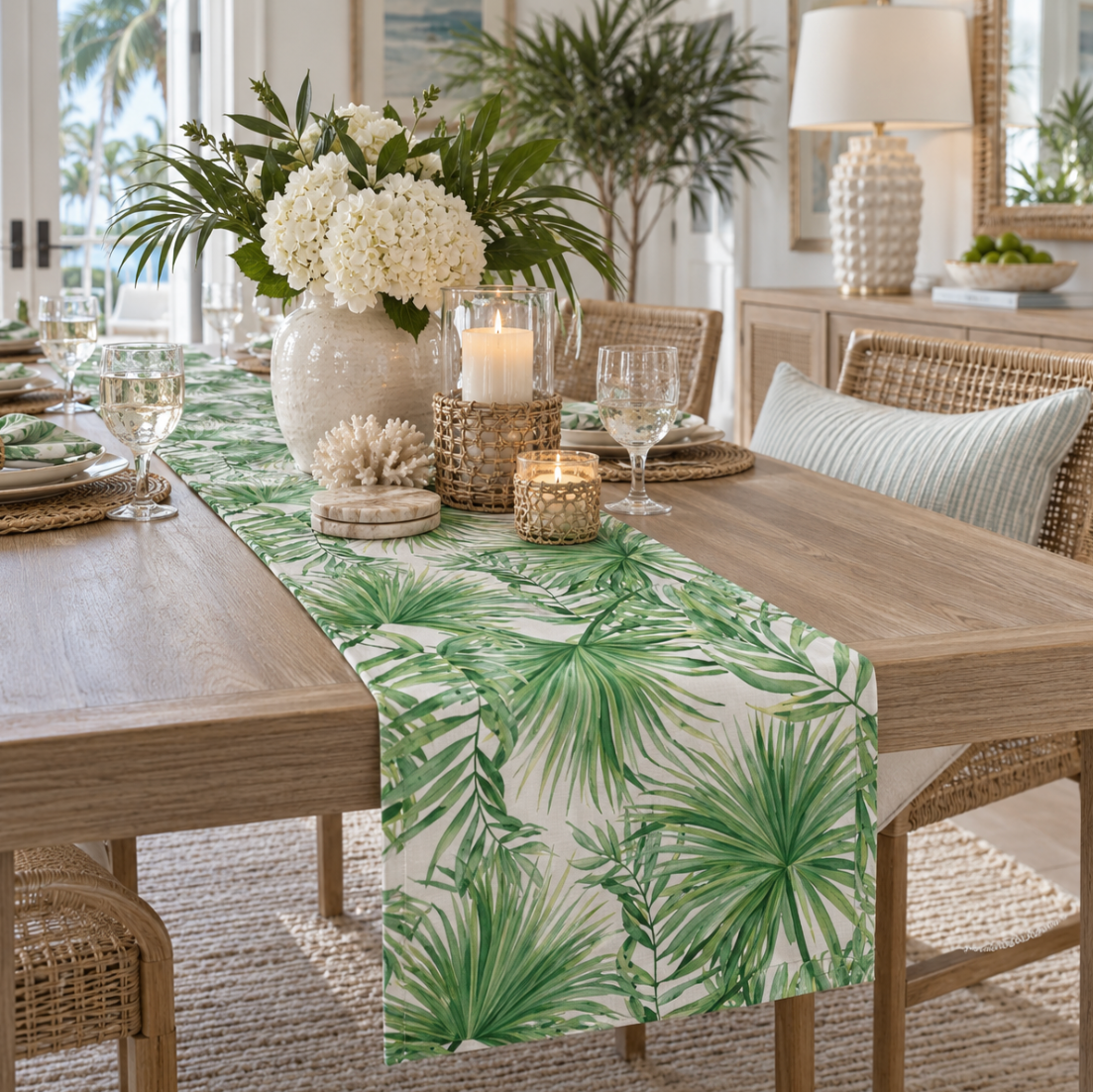 Green tropical leaf table runner for summer dining and coastal entertaining