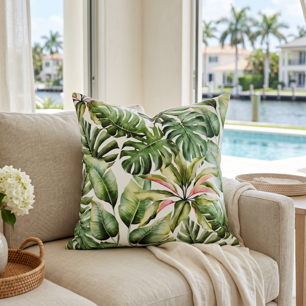 Green tropical palm pattern pillow on a neutral sofa with coastal home accessories.