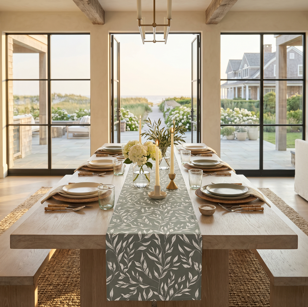 Green and white floral table runner on a natural wood dining table with neutral place settings