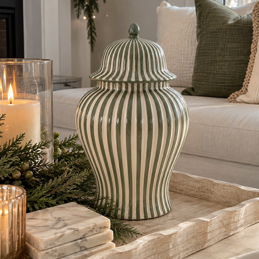 18-inch green and white striped ceramic vase with a matching decorative lid and glossy finish.