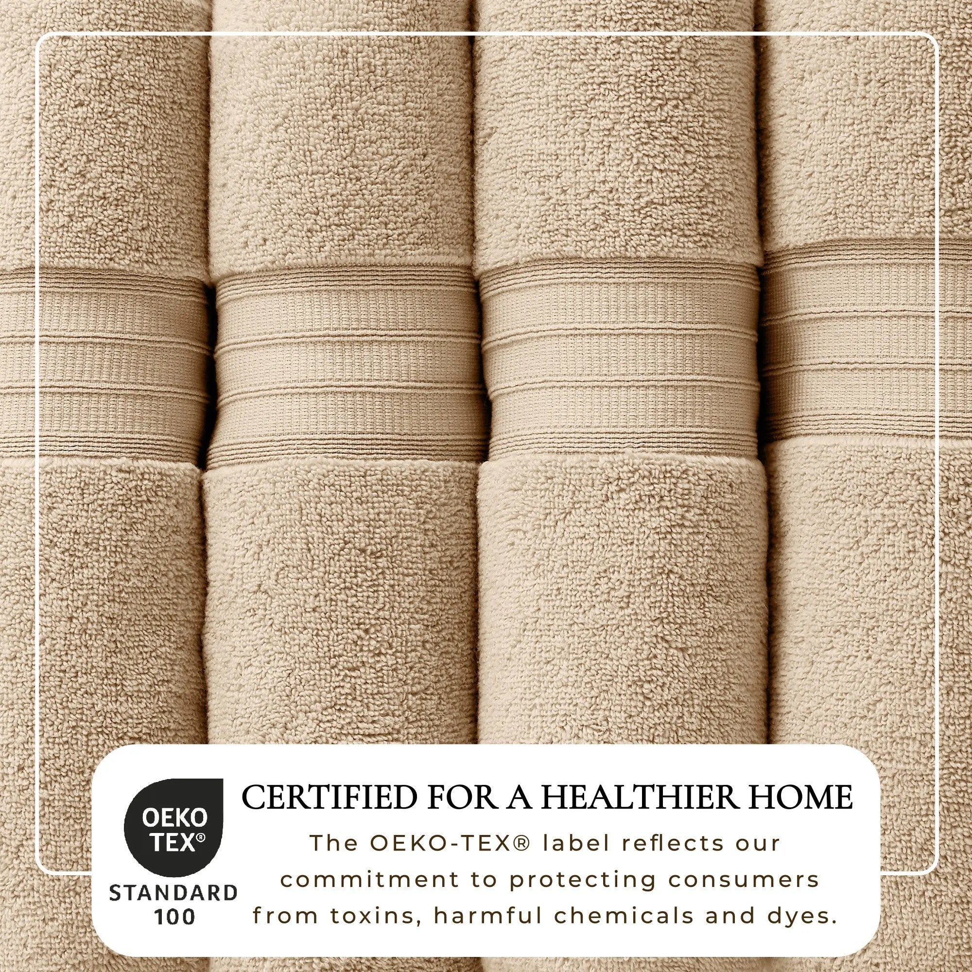 Set of four beige 100% cotton bath towels, Chiara Collection; OEKO-TEX certified