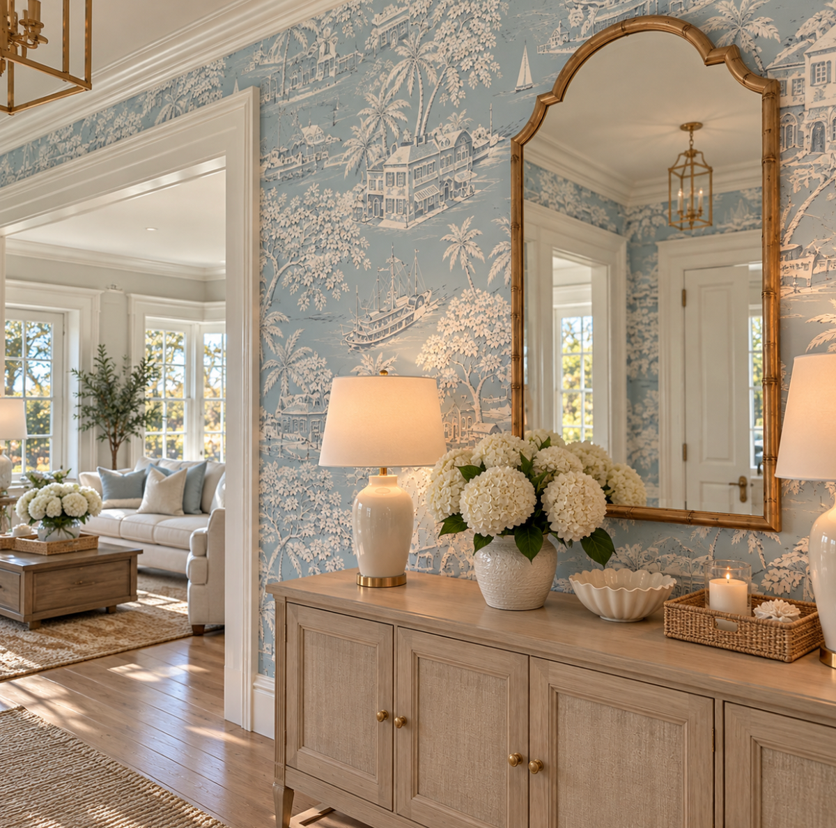 Hamptons-inspired blue scenic wallpaper with classic waterfront architecture and coastal landscapes.