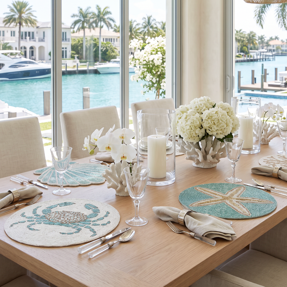 Aqua beaded starfish placemat paired with linen napkins and coral centerpieces for a luxe beach house look.