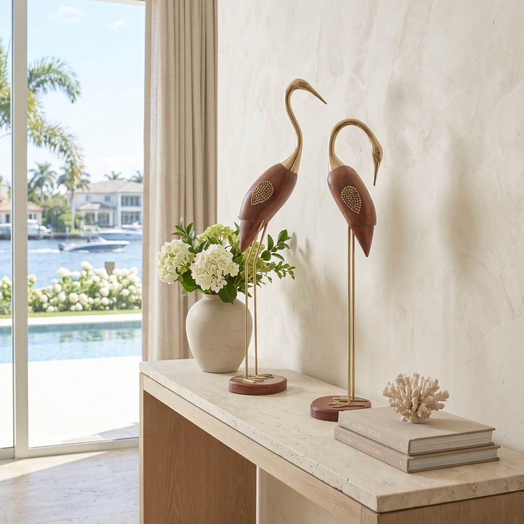Small gold wood bird sculpture used as a minimalist tabletop accent in a neutral modern room.