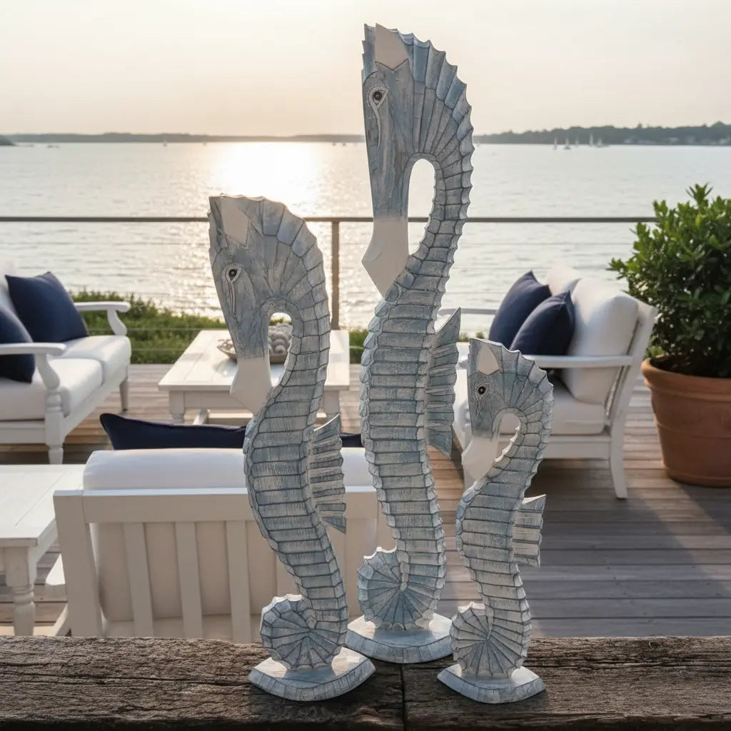 Three hand-carved wooden seahorse sculptures in Ocean Blue, Bright Teal, or Brown with flowing textured fins.