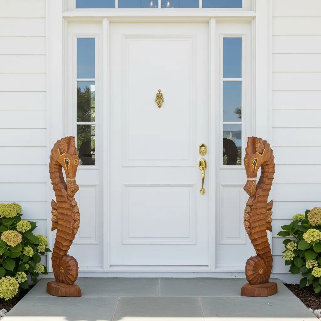 Two brown hand-carved seahorse coastal wood sculptures flanking a white front door.