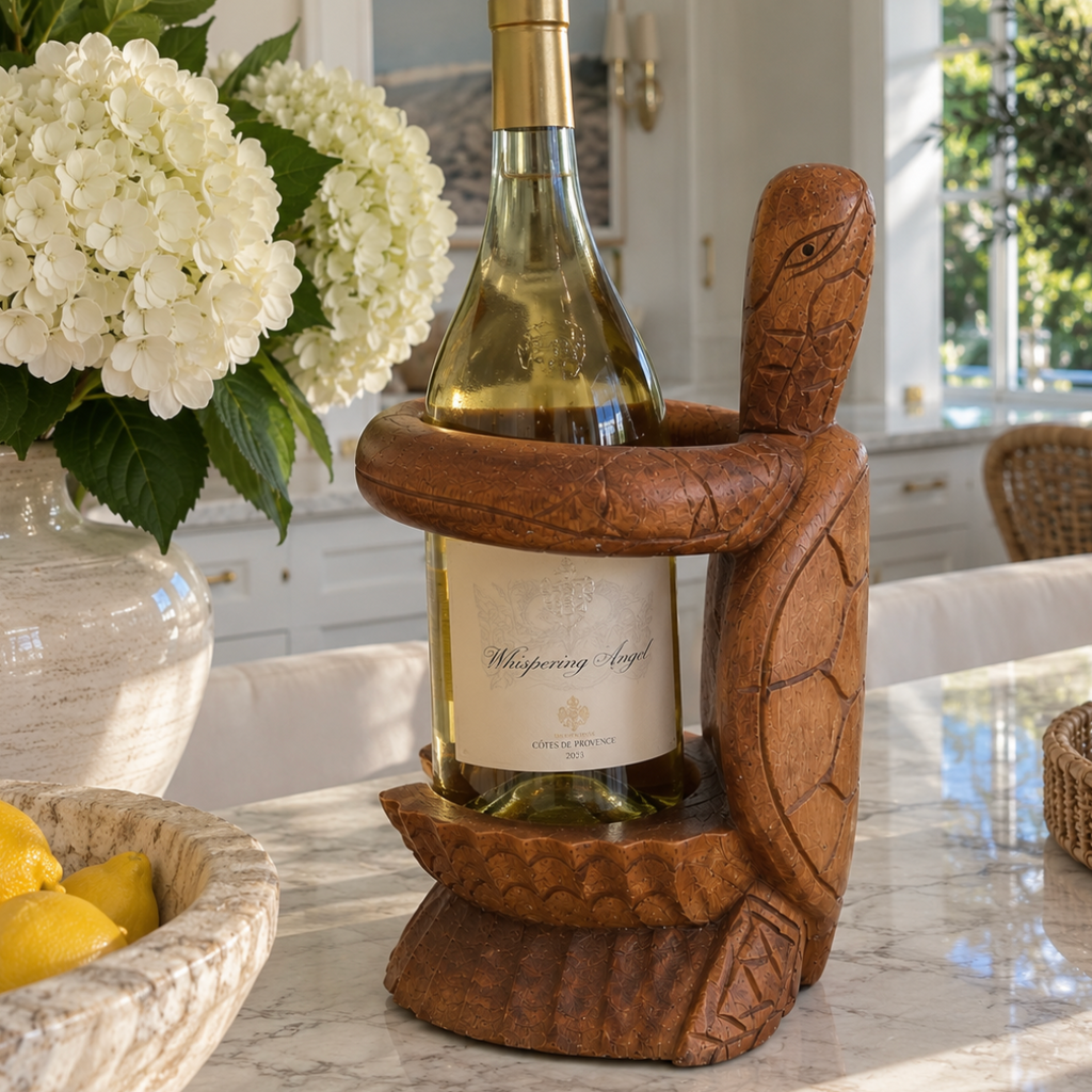 Hand-carved wooden turtle wine holder with detailed carving and warm natural wood grain.