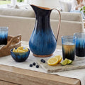 Coastal blue handblown glass pitcher, decorative serveware for beach house kitchens