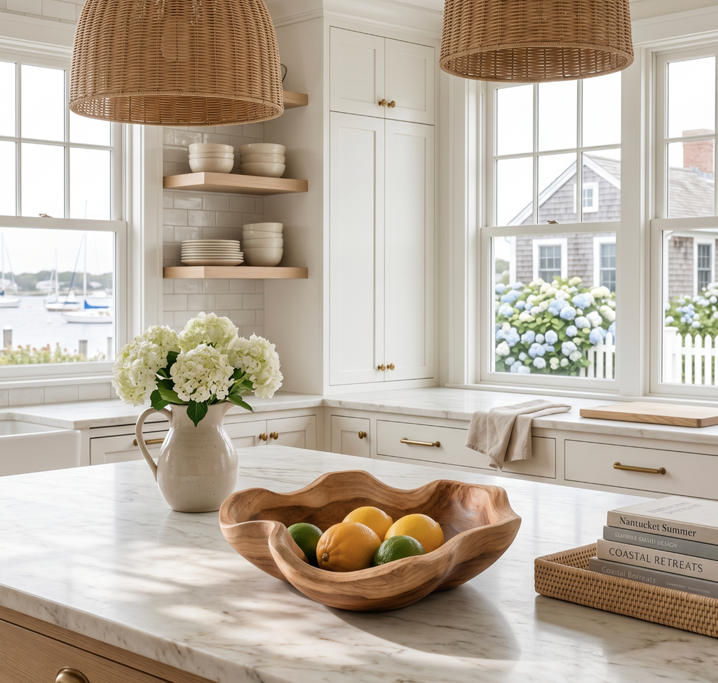 Decorative teak bowl designed for organic modern and beach house interiors.