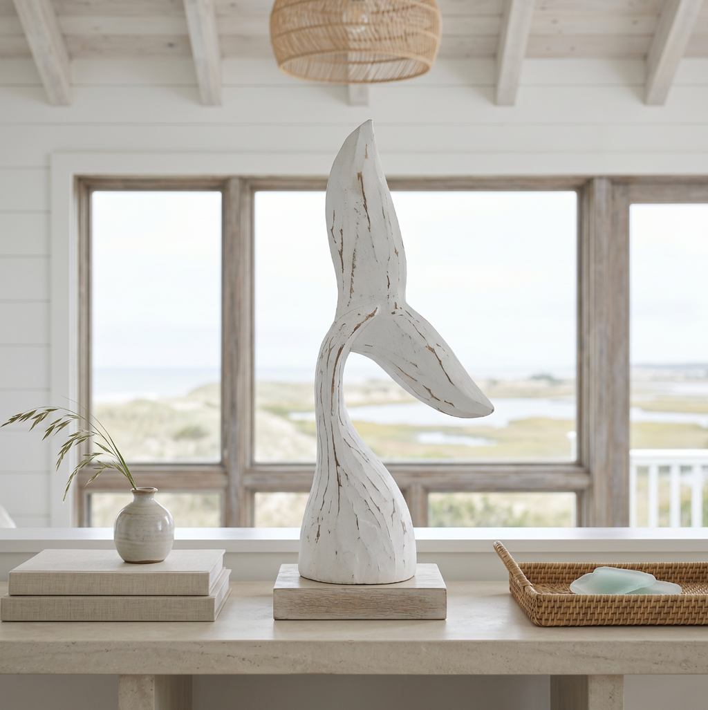 Whale tail decor piece in wood for a serene beach house look.