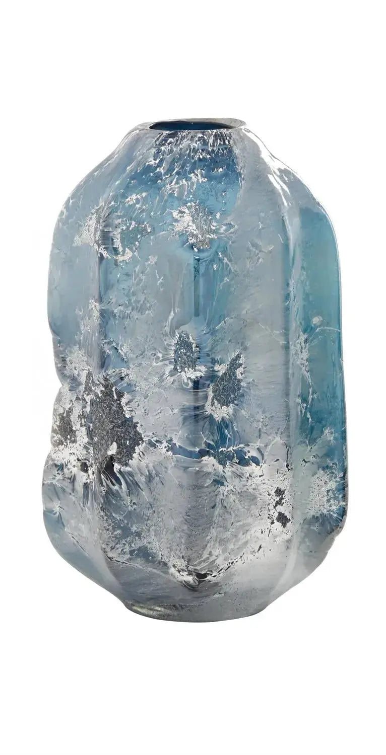 Handmade blue glass blown vase with white accents, modern decorative accent 