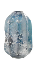 Handmade blue glass blown vase with white accents, modern decorative accent 