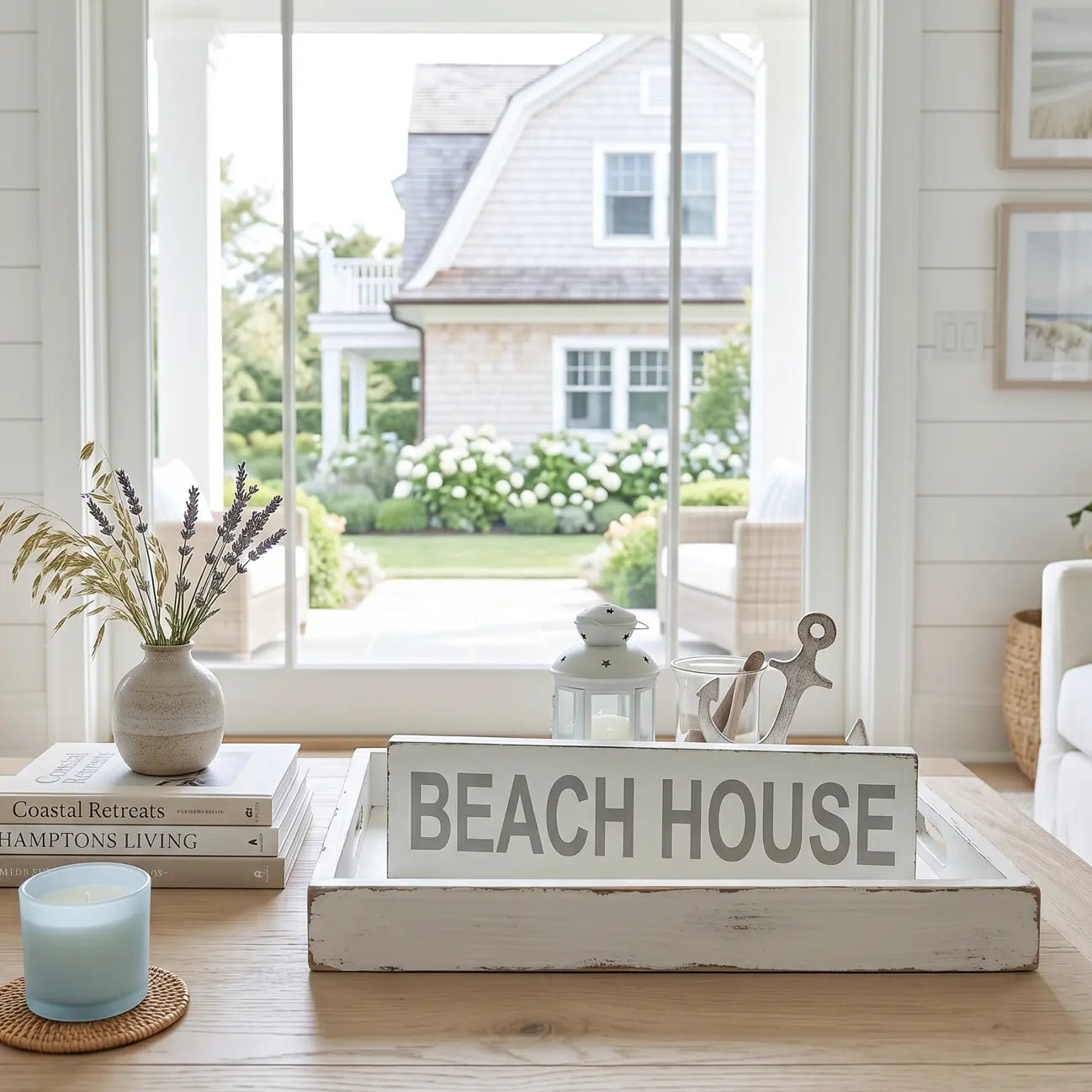 beach house sign on white wood background styled in coastal entryway