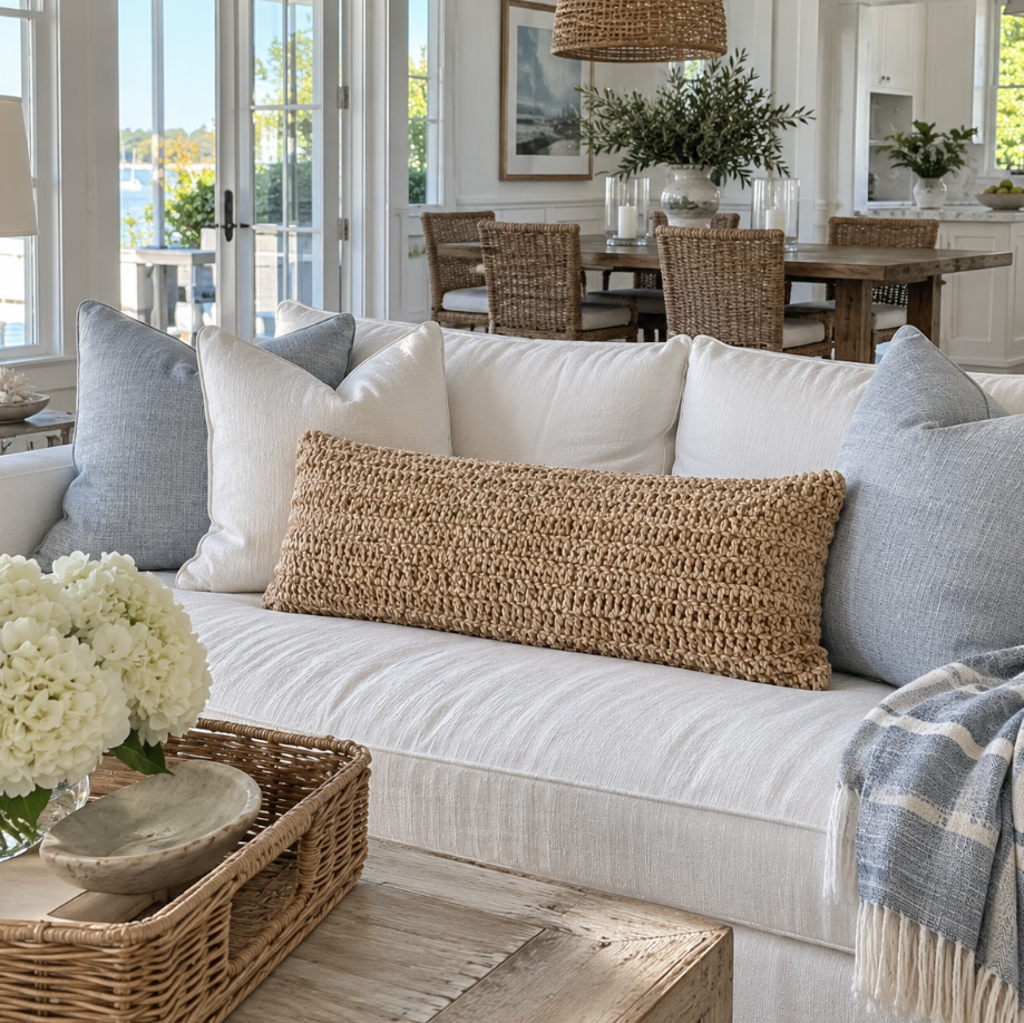 Handmade crochet lumbar pillow for a neutral coastal home