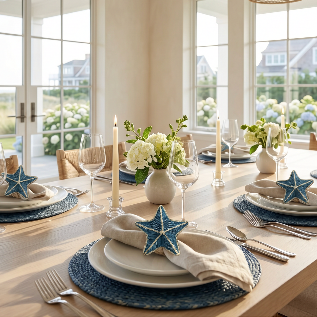 Set of 4 handwoven iraca starfish napkin rings holding linen napkins on a coastal dining table.